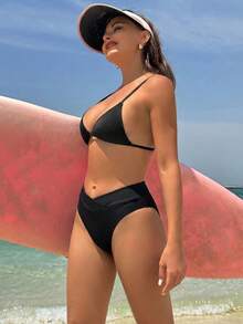 Swim Vcay Women's Summer Beach Solid Color Asymmetrical Waist Bikini Bottom - Black - View 5