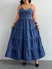 SHEIN Holidaya Plus Size Summer Casual Tie Back Open Back Spaghetti Strap Denim Dress - Blue - View 2