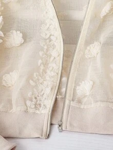 SHEIN Clasi 大码女式纯色提花透明长袖前开优雅休闲常规拉链轻便夹克 - 杏色 - 查看 6