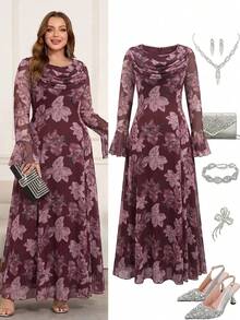 Reflora Plus Size Women's Floral Print Pleated Flare Sleeve Elegant Dress - Green - View 10