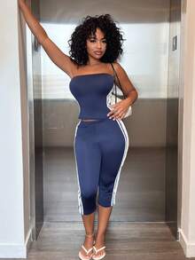 Alexandranx Women's Navy Blue And White 2 Pieces Set Pants,Y2K Style Elegant - Navy Blue - View 5