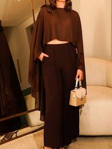Vivi Wanderley Women Two Pieces Set,Dark Brown Summer Elegant Dining Round Neck Asymmetrical Shawl Cardigan&High Waist Wide-Leg Long Pant,Old Money Style Banquet - Brown - View 4