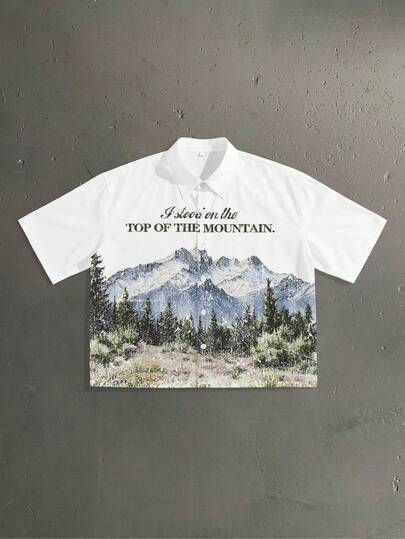 StoneGrade American Vintage Outdoor Style Landscape Print Fashion Men's Standard Size Cropped Loose Fit Short Sleeve Shirt
