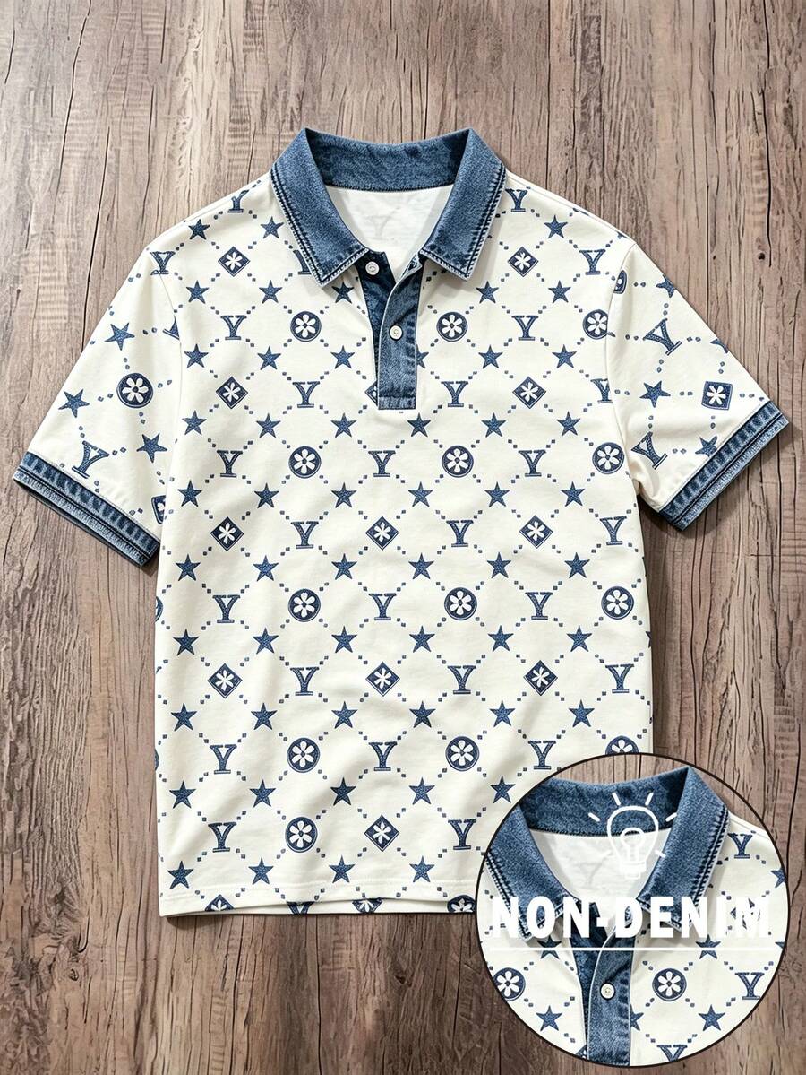 Manfinity Joysei 時尚全印花丹寧效果拼接領男士 POLO 衫,採用復古丹寧藍拼接領,打造獨特視覺層次感,提升整體質感,適合作為送給男友的貼心禮物 - 彩色 - 查看 1