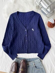 Comfortcana Plus Size Women's Equestrian Pattern Long Sleeve Single-Breasted Casual Knit Cardigan Winter - Navy Blue - View 6