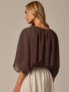 COSMINA Women's Solid Color Round Neck Pleated Batwing Sleeve Fashion Top - Coffee Brown - View 3