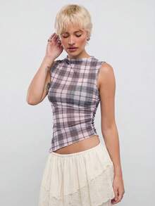 COUREZ Asymmetric Mesh Sheer Check Top Y2K 2000s Streetwear Going Out Day Time Everyday Rave Outfits Summer Grey Plaid Fall Women Back-To-School - Multicolor - View 9