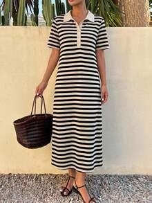 Livesso Ladies' Striped Straight Long Dress Sundress, Casual Women Dress - Black and White - View 2