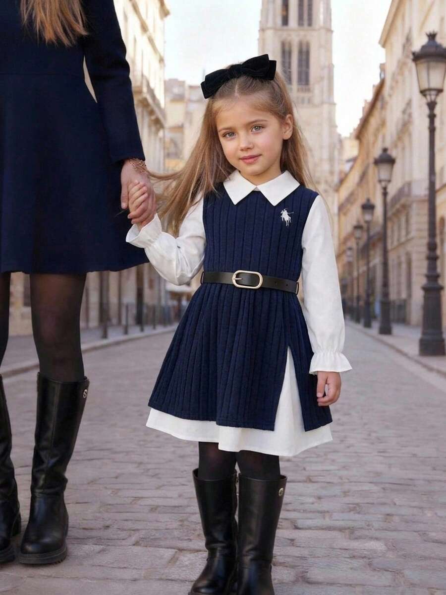 SHEIN Young Girl Knight Embroidery Contrast Color Lapel Long Sleeve Casual Dress - Multicolor - View 1