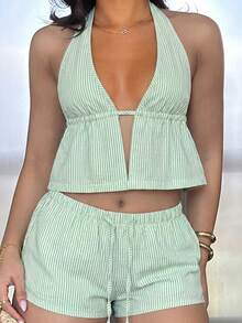 leahseptember Top de tirantes con cuello halter en V profundo, espalda descubierta con lazo, de lino a rayas azules y blancas, y pantalón de pierna recta holgado de cintura baja con cordón, conjunto casual sexy, lindo, elegante y romántico para mujer, ideal para vacaciones en la playa y uso diario en verano - Verde - Ver 5