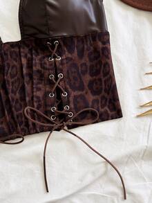 Soleia Western Cowboy Style Leopard Print Faux Leather Top - Coffee Brown - View 6