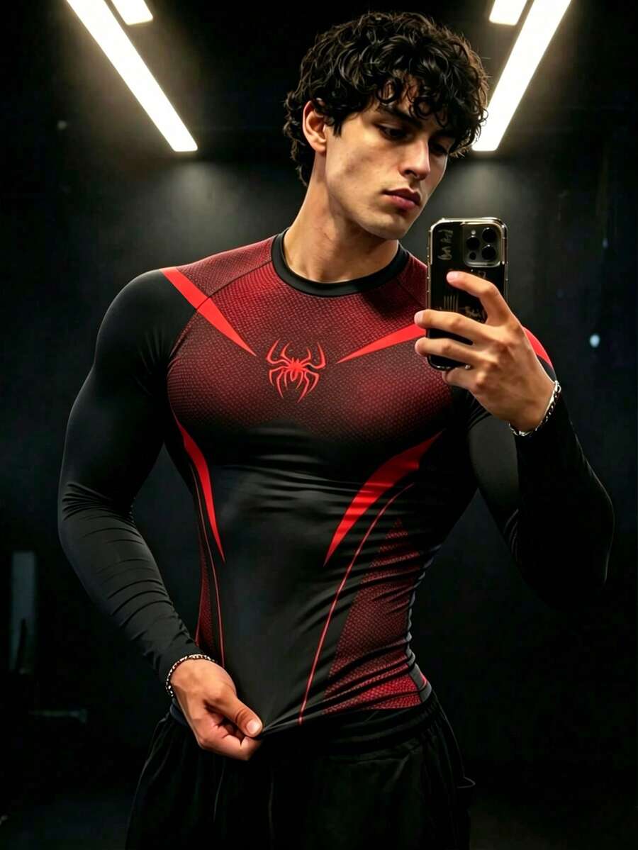 GymBeat Men's Spider Print Raglan Long Sleeve Sports T-Shirt - Multicolor - View 1