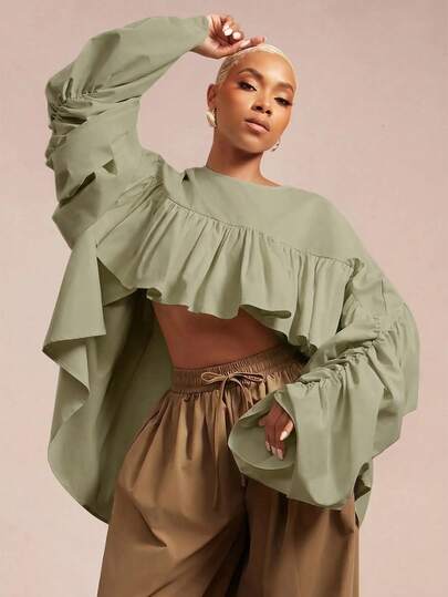 Vixey Solid Color Woven Ruched Front Short-Front Long-Back Ruffle Blouse, Elegant Party Top, Winter/Fall