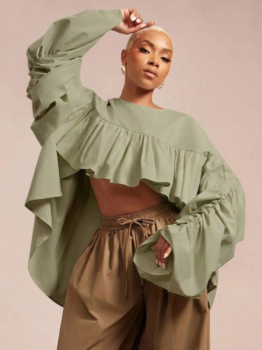 Vixey Solid Color Woven Ruched Front Short-Front Long-Back Ruffle Blouse, Elegant Party Top, Winter/Fall - Green - View 1