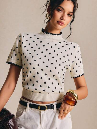 Poéselle Women's Polka Dot Knit Sweater For Women – Short Sleeve Slim Fit Crewneck Pullover Top, Contrast Trim Fall/Summer Going Out White Top
