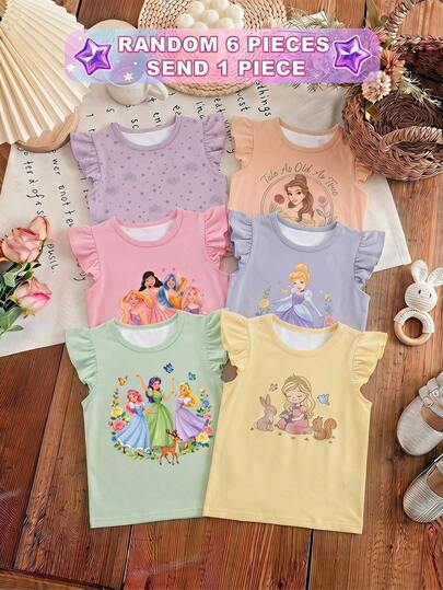 Baby Girl's Casual, Sweet Princess-Style T-Shirt (1-Pack): Features A Crew Neck And Ruffled Flutter Sleeves, Adorned With A Princess And Floral Print;
