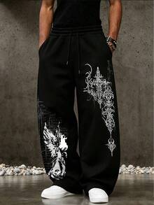 ROMWE MEN Street Life Pantalones de chándal casuales para hombre talla grande con estampado de cruz y cintura con cordón - Negro - Ver 1