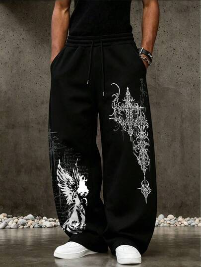 ROMWE MEN Street Life Pantaloni de trening casual pentru bărbați, mărime mare, cu imprimeu în cruce și talie cu șnur