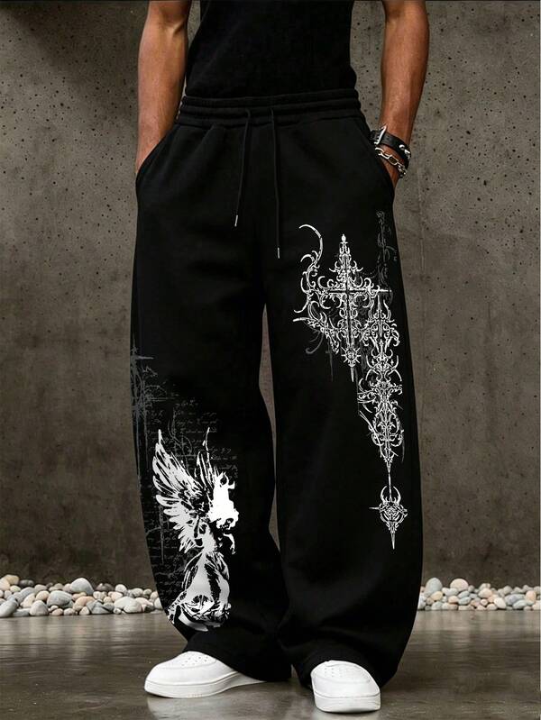 ROMWE MEN Street Life Men's Plus Size Cross Print Drawstring Waist Casual Sweatpants