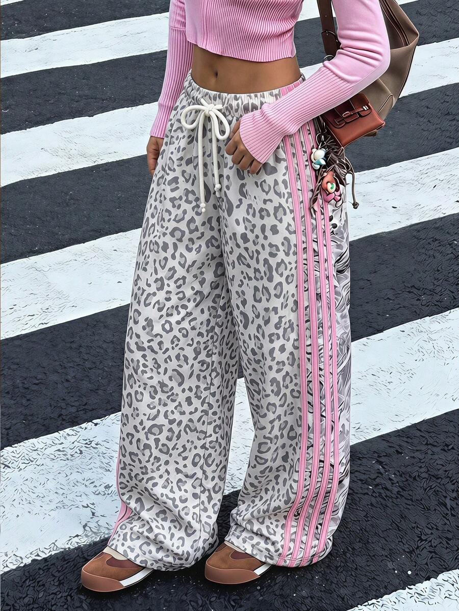 SHEIN 青少年女孩小馬刺繡休閒百搭修身低腰鬆緊腰寬鬆寬腿運動長褲,四季適用 - 灰色 - 查看 1