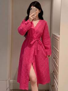 DAZY 夏秋款女式寬鬆蕾絲拼接格紋長款睡裙 - 玫紅色 - 查看 3