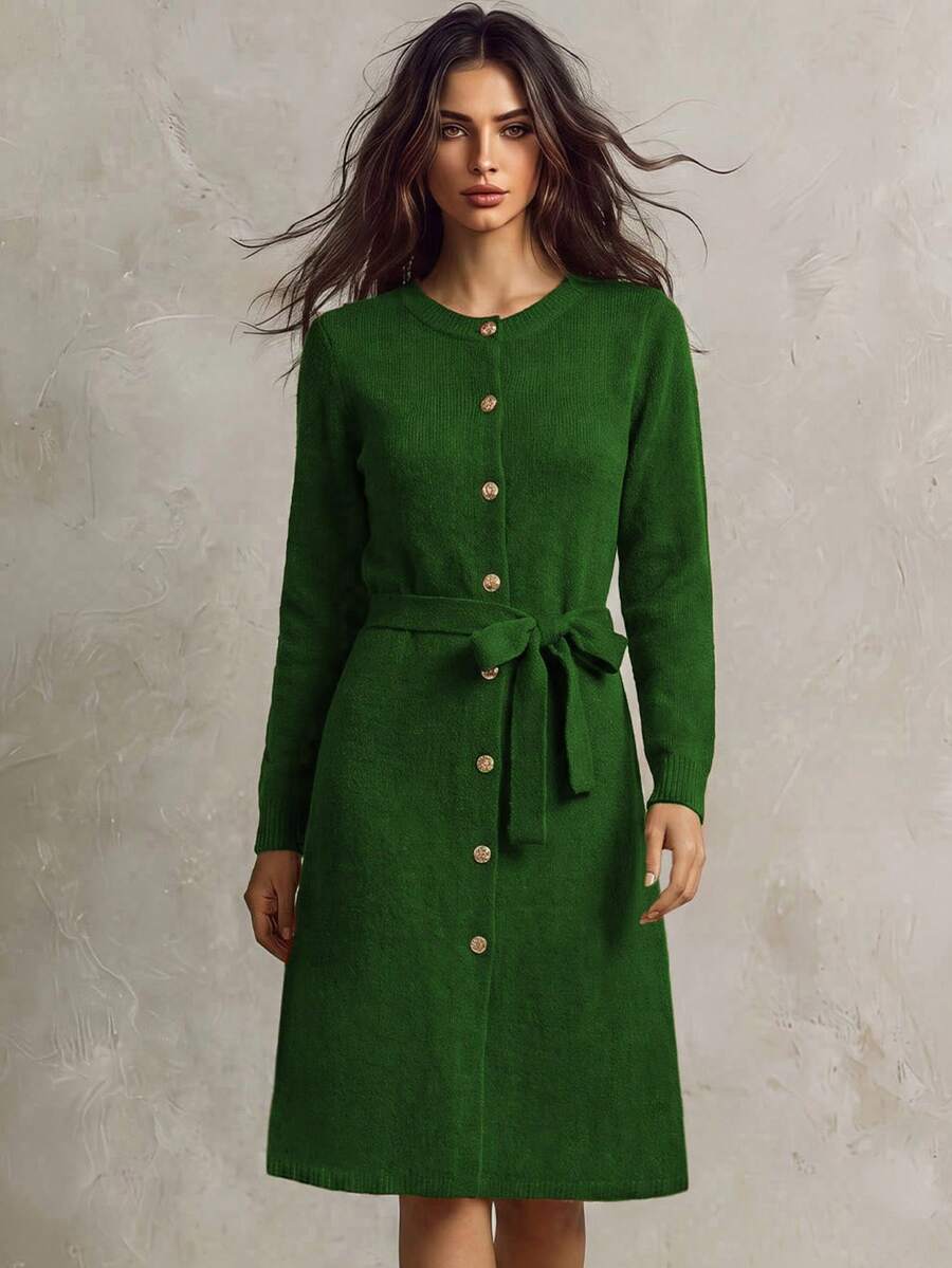 SHEIN Franclia 女士圆领纽扣配腰带长款针织毛衣裙 - 綠色 - 查看 1