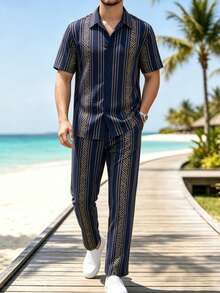 Genlund VENTUSAIL Men's Shirt Set Short-Sleeve Printed Shirt And Drawstring Trousers – Casual Vacation Style - Navy Blue - View 3