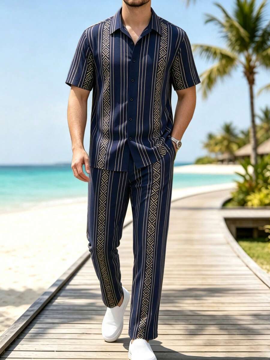 Genlund VENTUSAIL Men's Shirt Set Short-Sleeve Printed Shirt And Drawstring Trousers – Casual Vacation Style - Navy Blue - View 1