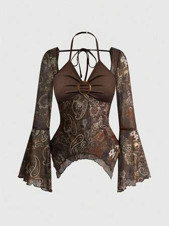 Top de mujer vintage hippie con cuello halter, gasa y patchwork de flores de anacardo