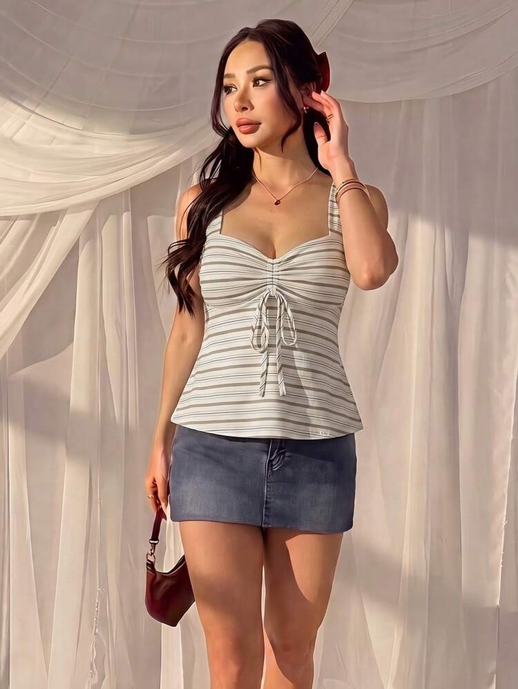 CovetEZ White Casual Women's Drawstring Camisole Tank Top, Outing Top, Vacation, Cute Summer Top, Casual Minimalist Daily Versatile Party Gathering Airport Y2K Tops, Printed Pattern, Summer, Outing - Multicolor - View 7