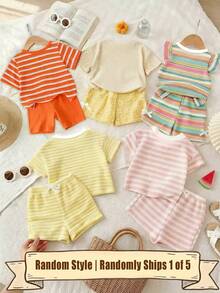 Young Girl (Random 5 Sets, Send 1 Set)Spring Summer Autumn Girls Toddler Fashion Creative Fresh Light Color Colorful Striped Floral Pattern Print Basic Short T-Shirt & Biking Shorts Set Sets - Multicolor - View 2