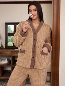 Doze Lane Casual Colorblock Plush Open Front V-Neck Patch Pocket Long Sleeve Pants Plus Size Pajama Set - Multicolor - View 3
