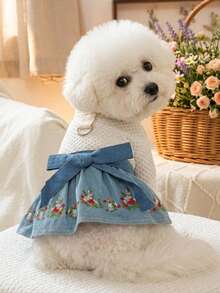 PETSIN 1pc Plush Thickened Pet Dress, Suitable For Cats And Dogs To Wear In Autumn And Winter, Embroidered Small Flower Dress In Princess Style - Blue and White - View 2