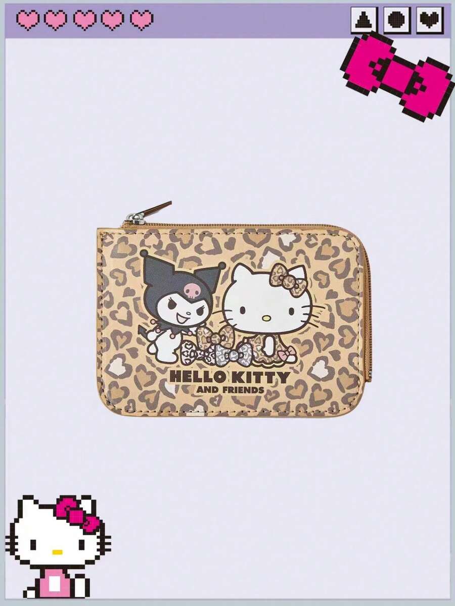 HELLO KITTY AND FRIENDS | ROMWE | ROMWEY2k 復古豹紋 Kitty 皮革愛心掛繩便攜迷你收納卡夾鏈條吊飾包 - 黃色 - 查看 1