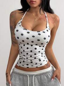 Coolane Women's Summer Polka Dot Halter Neck Tank Top With Built-In Bra Pads, Backless Ruched Slim Fit Sleeveless Y2K Workout Crop Cami - White - View 5