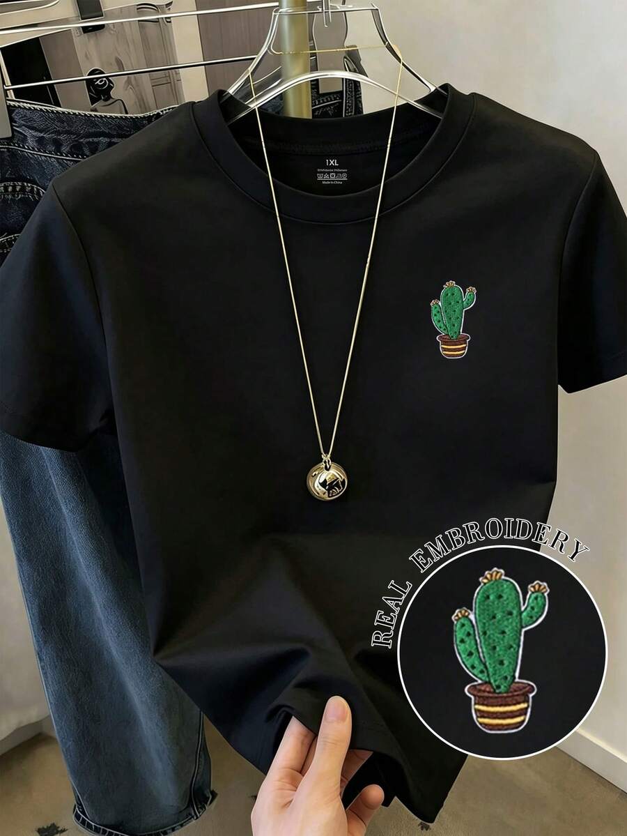 EMERY ROSE 大尺碼女款仙人掌刺繡圖案休閒圓領短袖T恤 - 黑色 - 查看 1