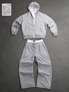SLATEMANN Men's Solid Color Drawstring Zip-Up Hoodie And Sweatpants Casual Daily Set - Grey - View 1