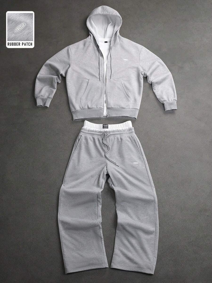 SLATEMANN Men's Solid Color Drawstring Zip-Up Hoodie And Sweatpants Casual Daily Set - Grey - View 1