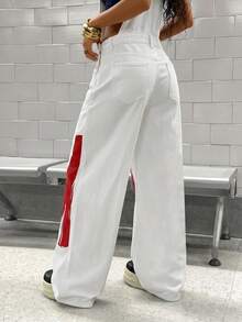 StreetHx Women's Letter Print Curved Leg Denim Overalls - White - View 2