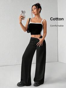 SHEIN PETITE Quần nỉ nữ ống rộng cạp thấp dệt kim trơn thoải mái phong cách thường ngày, dành cho nữ petite - màu đen - Xem 9