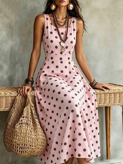 SHEIN Clasi CURVE Women's Plus Size Light Pink Polka Dot Sleeveless Round Neck Back Cutout Bow High Waist A-Line Midi Dress Vintage Boho Casual Vacation Summer