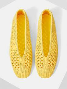 MOTF WOMEN LIGHT YELLOW HOLLOW OUT SQUARE TOE FLATS SPRING SHOES - Light yellow - View 1