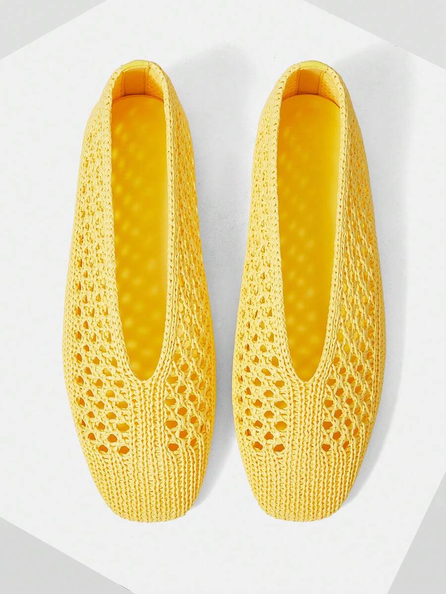 MOTF WOMEN LIGHT YELLOW HOLLOW OUT SQUARE TOE FLATS SPRING SHOES - Light yellow - View 1