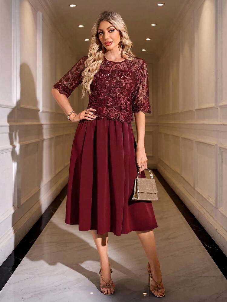 SHEIN Clasi Women's Lace Elegant Round Neck Short Sleeve Elegant Dress - Burgundy - View 4
