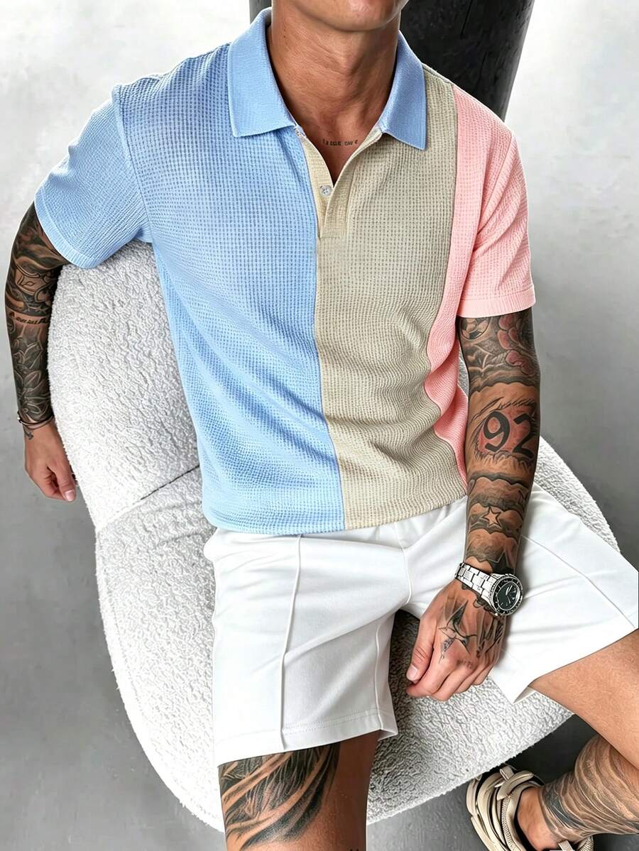 Manfinity CasualCool Kemeja Polo Kasual Pria Motif Patchwork Aneka Warna - MultiWarna - View 1