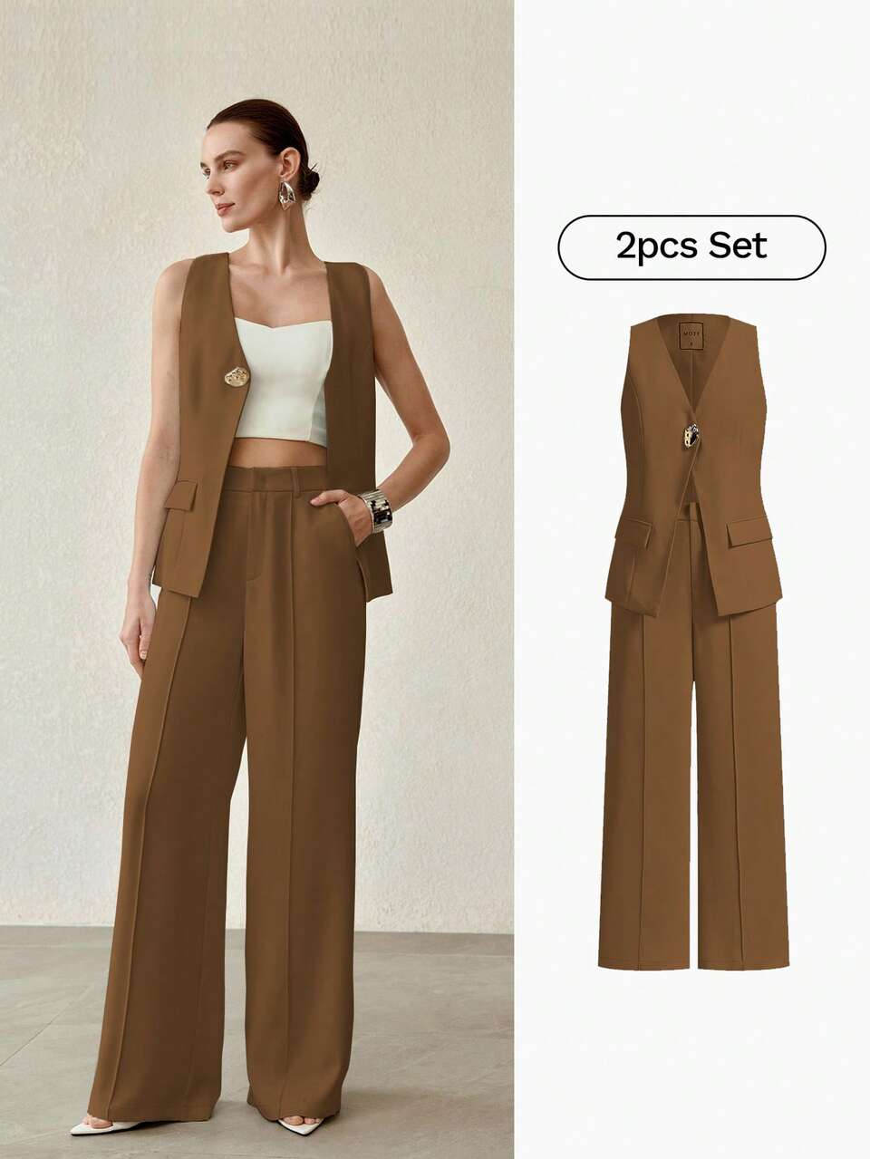 MOTF WOMEN'S SOLID METAL BUTTON DETAIL WAISTCOAT & PANTS 2 PIECES SET , OLD MONEY STYLE
