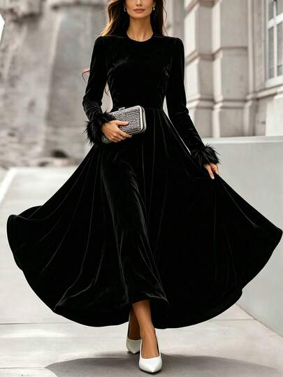 SHEIN New Vintage Business Evening Party Round Neck Feather Sleeve Velvet Cinched Waist Midi Dress For Women