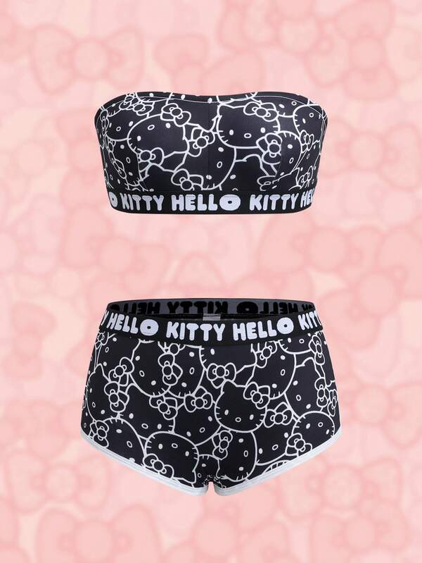 HELLO KITTY AND FRIENDS | SHEIN Women's Letter Cartoon Print Bandeau Tank Top And Hipster Panties Casual Everyday Lingerie Set