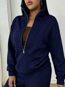 Maweii Women's Plus Size Zipper Half Placket Sweatshirt And Sweatpants Set Fall - Navy Blue - View 1