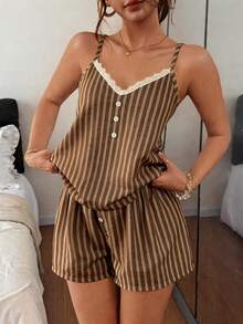 Napfluff Lace Trim Color Block Striped Camisole Pajama Set - Coffee Brown - View 1